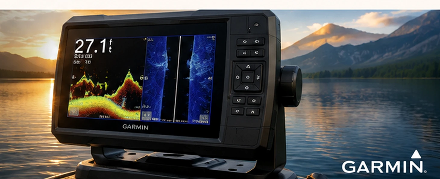 Fish finder display mounted beside a mountain lake